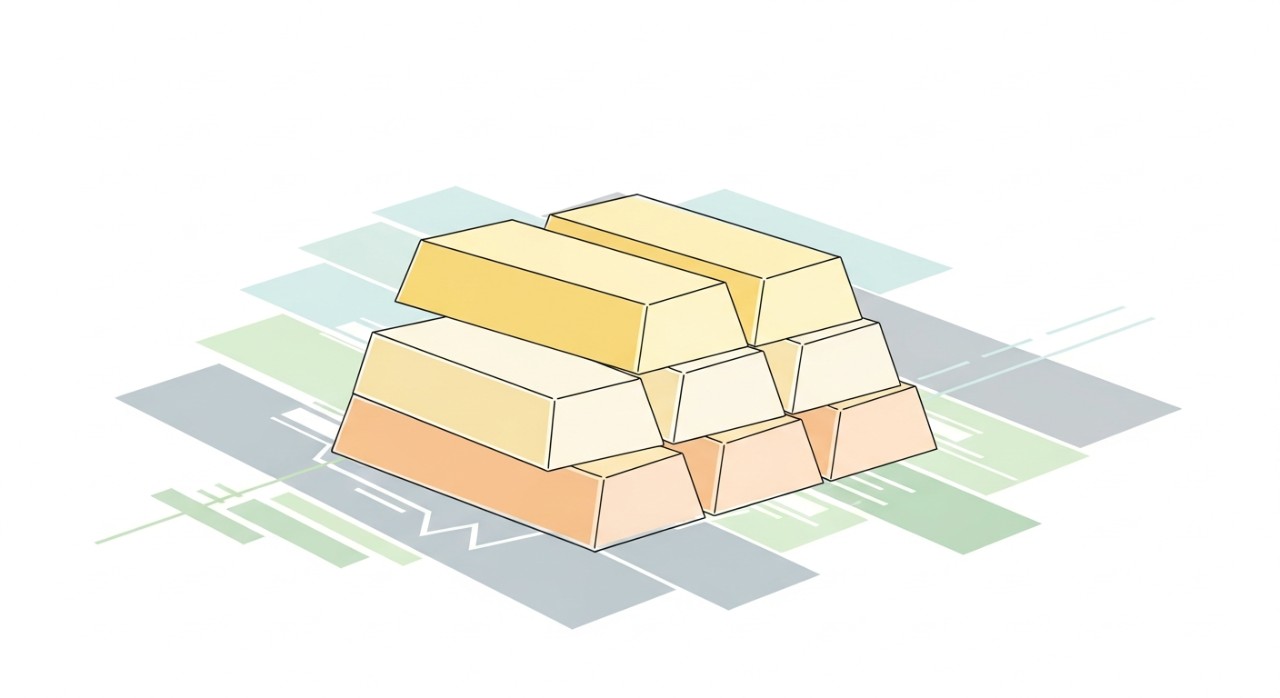Jongkong emas yang disusun di atas paparan graf kewangan semasa.