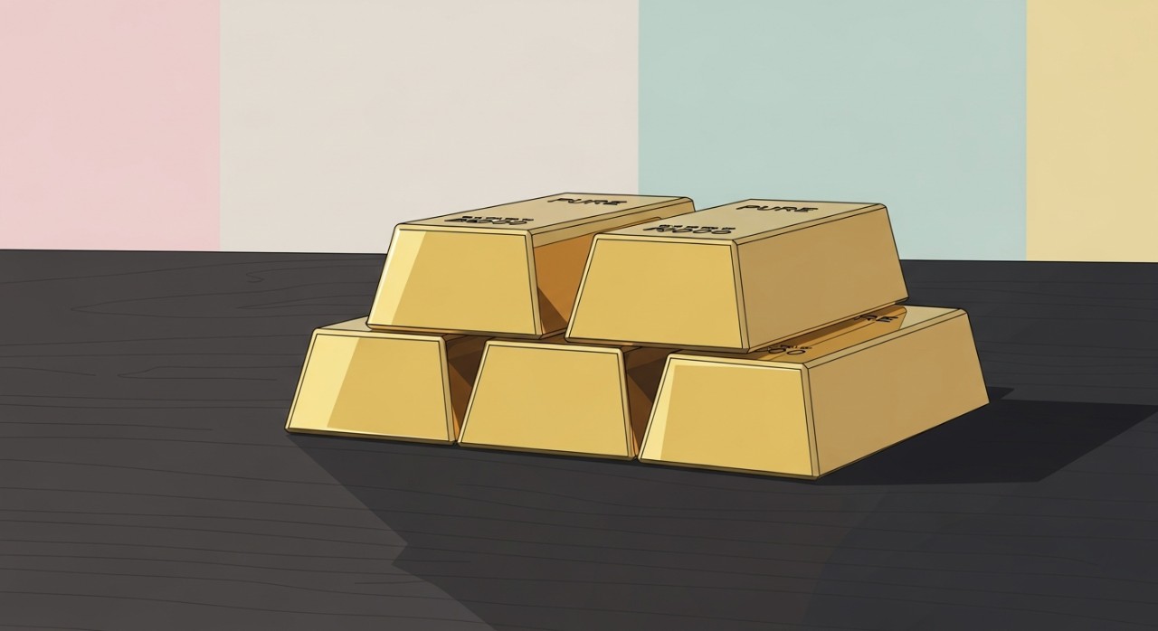 Beberapa kepingan bar emas tulen yang disusun rapi di atas meja