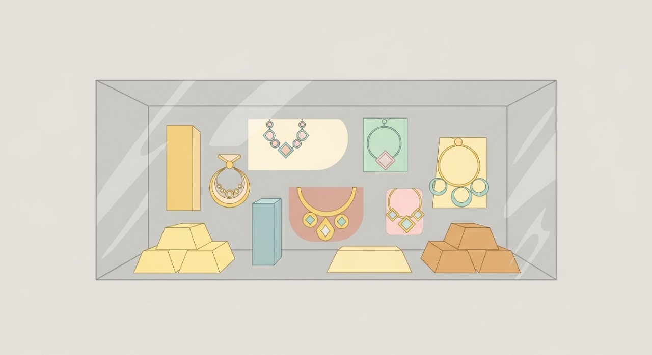 Pelbagai koleksi bar emas dan barang kemas yang dipamerkan di dalam kotak kaca kedai emas.