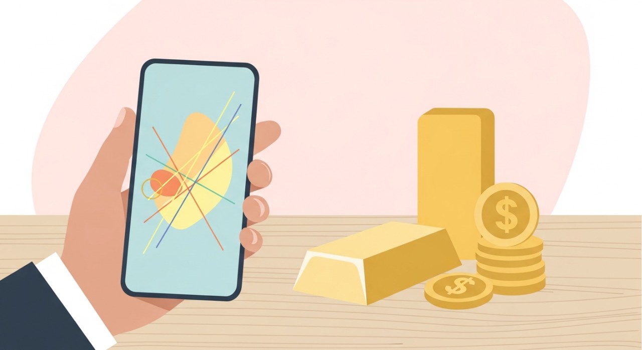 Seseorang sedang melihat paparan carta harga emas pada skrin telefon pintar bersebelahan dengan kepingan emas fizikal.
