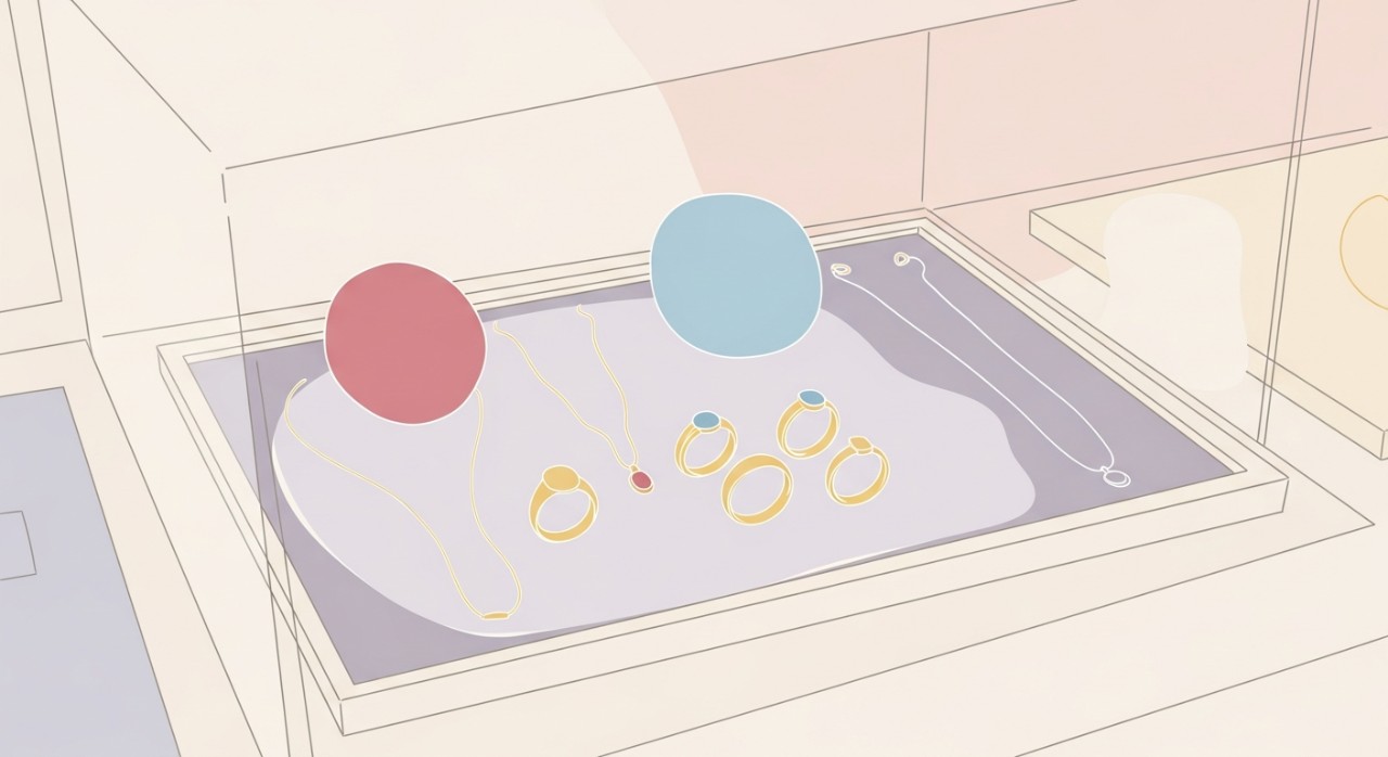 Beberapa koleksi cincin dan rantai emas disusun kemas di atas pelapik baldu dalam kotak pameran barang kemas.