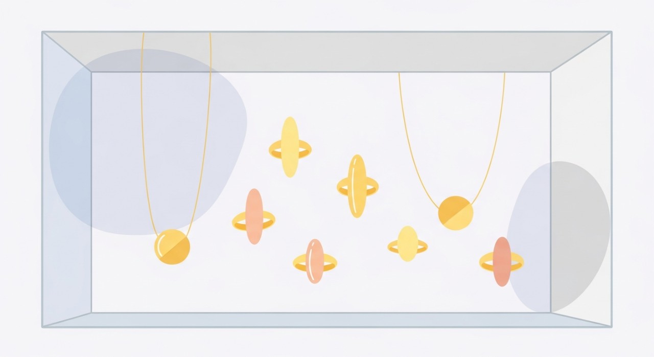 Pelbagai koleksi barang kemas emas yang disusun rapi di dalam kotak pameran kaca